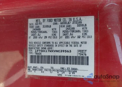 1997 Ford F-150 Lariat/Standard/Xl/Xlt из США, поврежденный, VIN 1FTDX17WXVNC39563